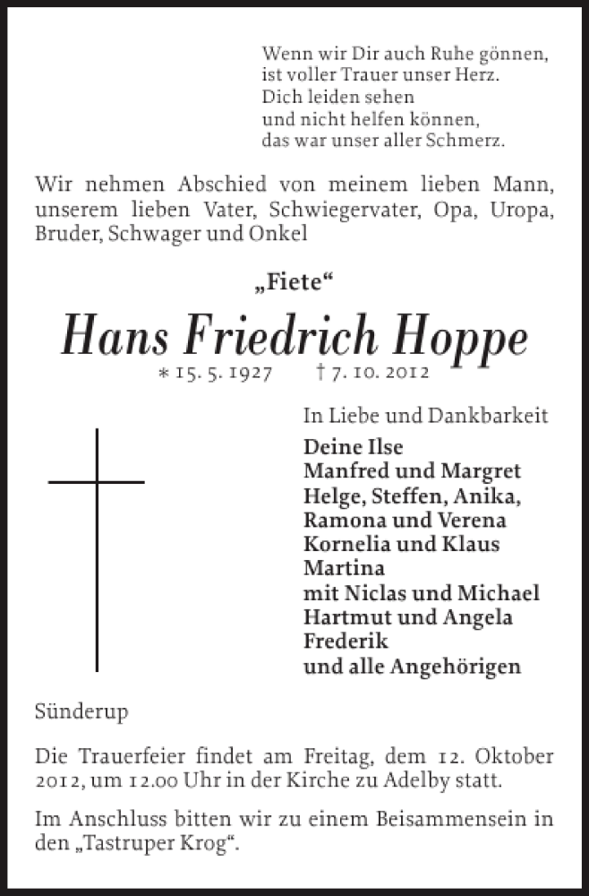  Traueranzeige für Hans Friedrich Hoppe vom 09.10.2012 aus Flensburger Tageblatt