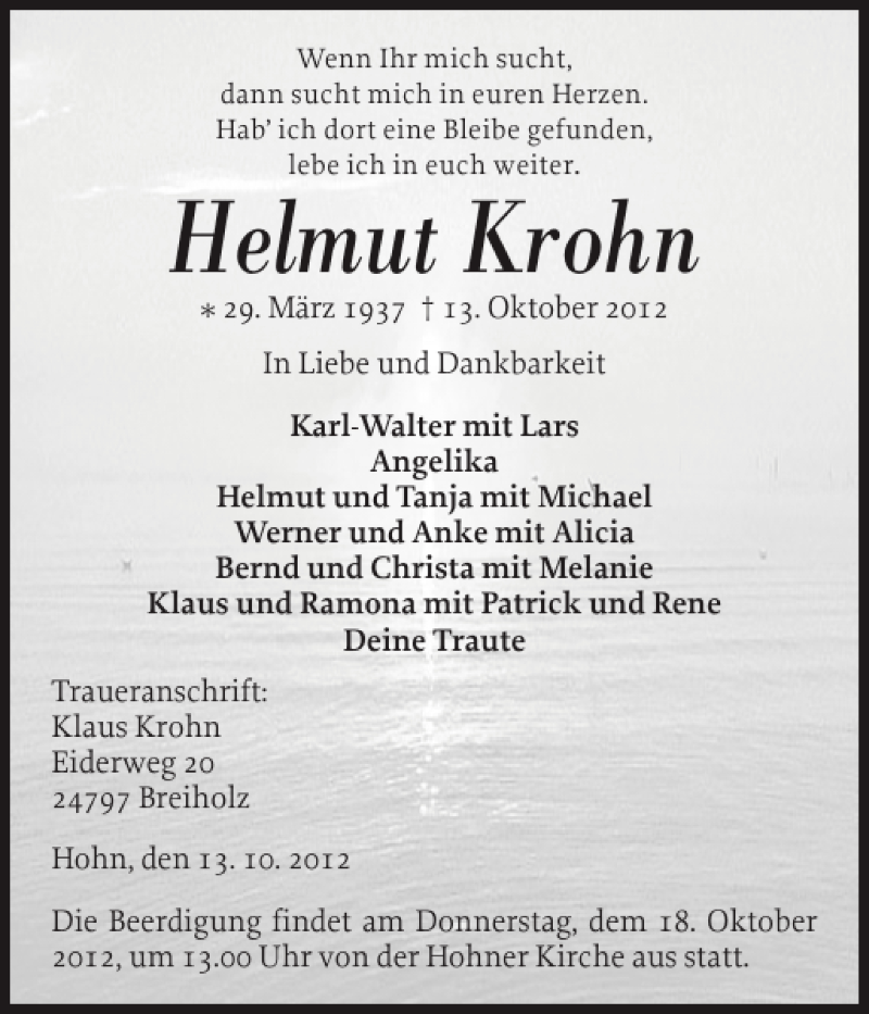  Traueranzeige für Helmut Krohn vom 15.10.2012 aus Landeszeitung