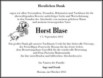 Traueranzeige von Horst Blase von Husumer Nachrichten