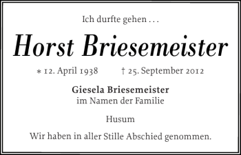 Traueranzeige von Horst Briesemeister von Husumer Nachrichten