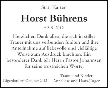 Traueranzeige von Horst Bührens von Norddeutsche Rundschau