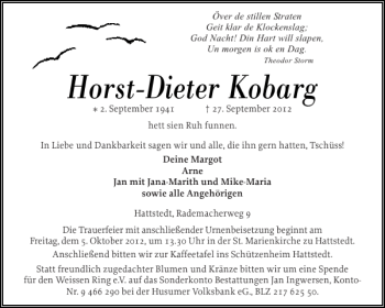 Traueranzeige von Horst-Dieter Kobarg von Husumer Nachrichten
