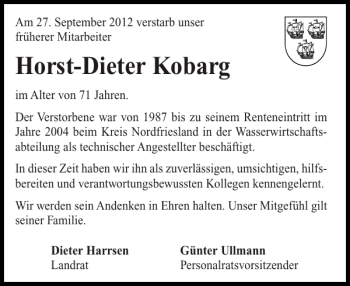 Traueranzeige von Horst-Dieter Kobarg von Husumer Nachrichten