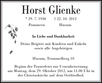 Traueranzeige von Horst Glienke von Husumer Nachrichten