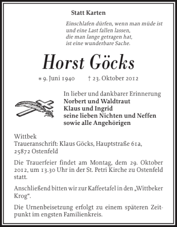 Traueranzeige von Horst Göcks von Husumer Nachrichten