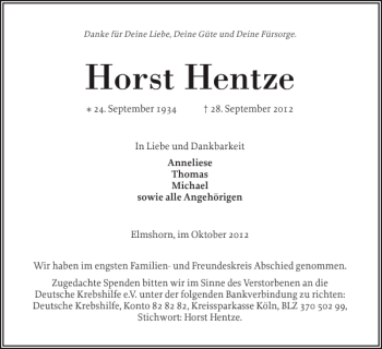 Traueranzeige von Horst Hentze von Elmshorner Nachrichten