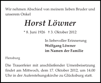 Traueranzeige von Horst Löwner von Flensburger Tageblatt