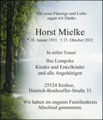 Traueranzeige von Horst Mielke von Norddeutsche Rundschau