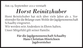 Traueranzeige von Horst Reinitzhuber von Schleswiger Nachrichten