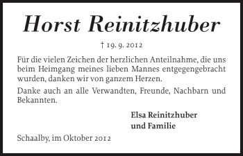 Traueranzeige von Horst Reinitzhuber von Schleswiger Nachrichten