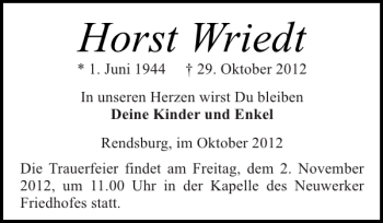 Traueranzeige von Horst Wriedt von Landeszeitung
