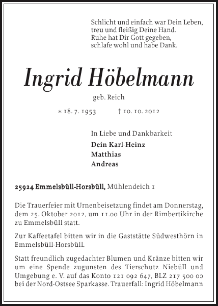  Traueranzeige für Ingrid Höbelmann vom 12.10.2012 aus Nordfriesland Tageblatt
