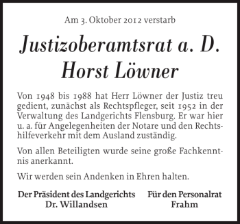Traueranzeige von Justizoberamtsrat a. D. Horst Löwner von Flensburger Tageblatt