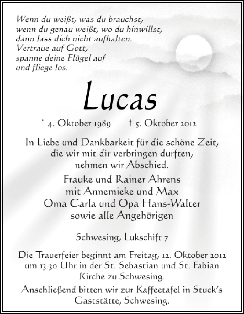  Traueranzeige für Lucas  vom 09.10.2012 aus Husumer Nachrichten