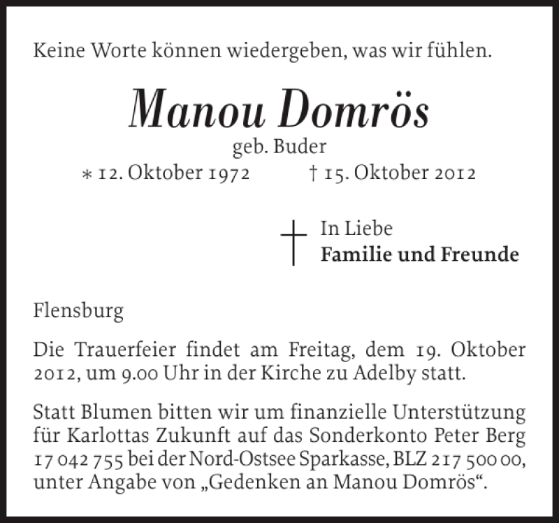  Traueranzeige für Manou Domrös vom 18.10.2012 aus Flensburger Tageblatt