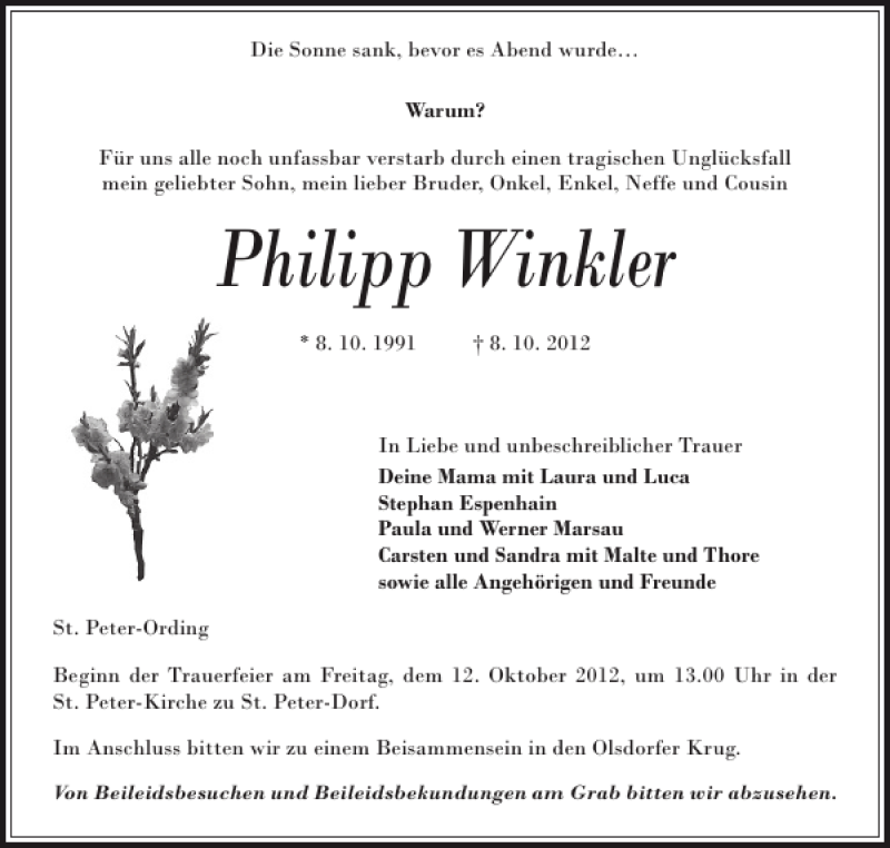  Traueranzeige für Philipp Winkler vom 10.10.2012 aus Husumer Nachrichten