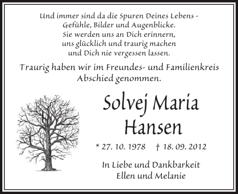  Traueranzeige für Solvej Maria Hansen vom 13.10.2012 aus Landeszeitung