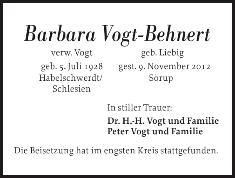  Traueranzeige für Barbara Vogt-Behnert vom 24.11.2012 aus Flensburger Tageblatt