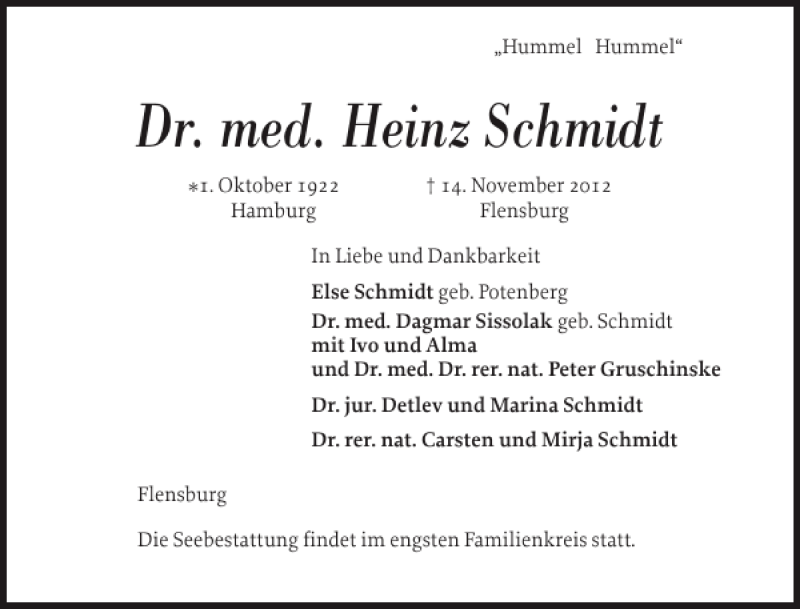  Traueranzeige für Dr. med. Heinz Schmidt vom 17.11.2012 aus Flensburger Tageblatt