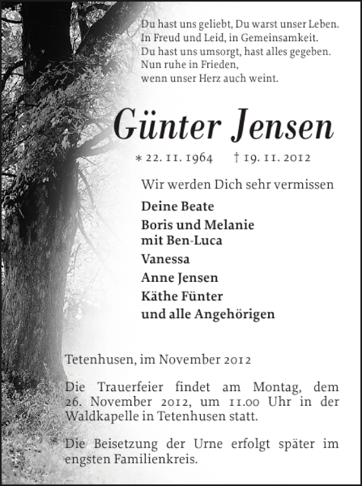  Traueranzeige für Günter Jensen vom 22.11.2012 aus Landeszeitung