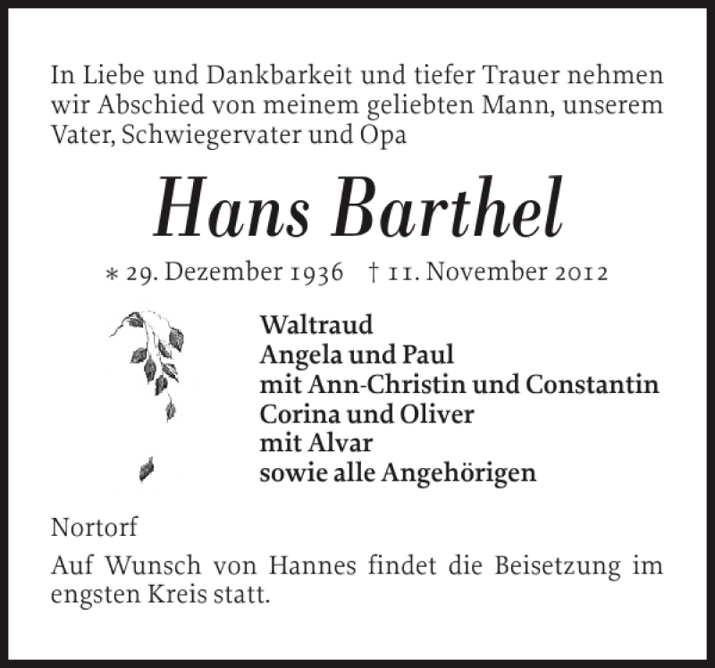  Traueranzeige für Hans Barthel vom 13.11.2012 aus Landeszeitung