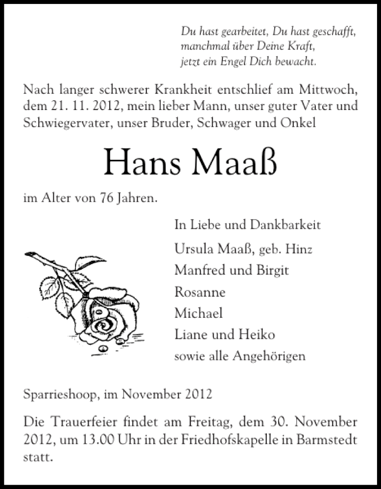  Traueranzeige für Hans Maaß vom 24.11.2012 aus Elmshorner Nachrichten
