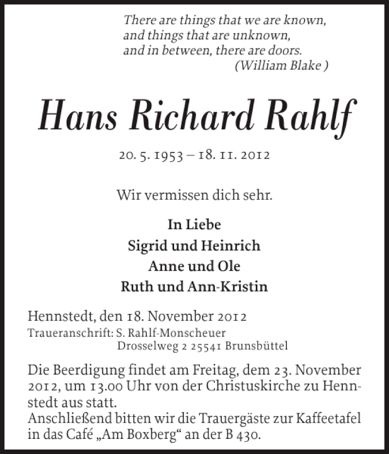  Traueranzeige für Hans Richard Rahlf vom 20.11.2012 aus Norddeutsche Rundschau