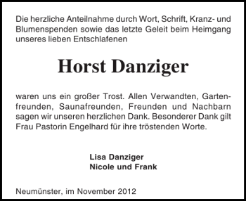 Traueranzeige von Horst Danziger von Holsteinischer Courier