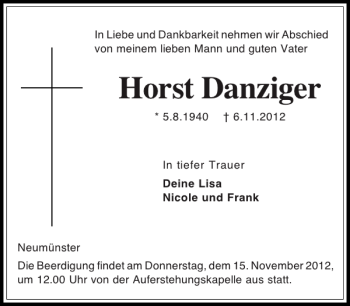 Traueranzeige von Horst Danziger von Holsteinischer Courier