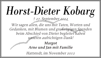 Traueranzeige von Horst-Dieter Kobarg von Husumer Nachrichten