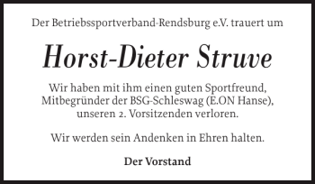 Traueranzeige von Horst-Dieter Struve von Landeszeitung