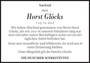 Traueranzeige von Horst Glöcks von Husumer Nachrichten