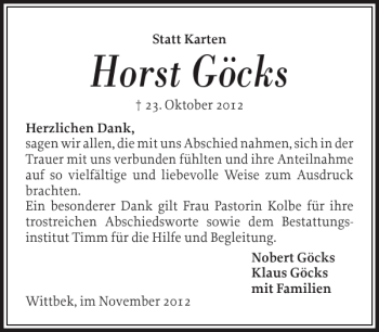 Traueranzeige von Horst Göcks von Husumer Nachrichten
