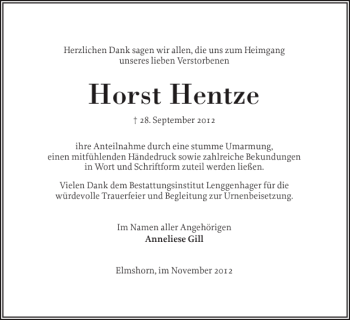 Traueranzeige von Horst Hentze von Elmshorner Nachrichten