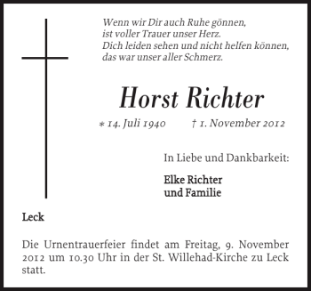 Traueranzeige von Horst Richter von Nordfriesland Tageblatt