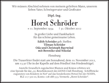 Traueranzeige von Horst Schröder von Flensburger Tageblatt