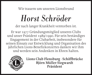 Traueranzeige von Horst Schröder von Flensburger Tageblatt
