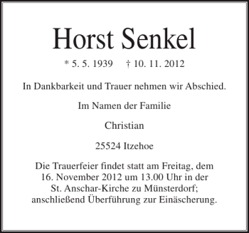 Traueranzeige von Horst Senkel von Norddeutsche Rundschau