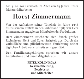 Traueranzeige von Horst Zimmermann von Elmshorner Nachrichten