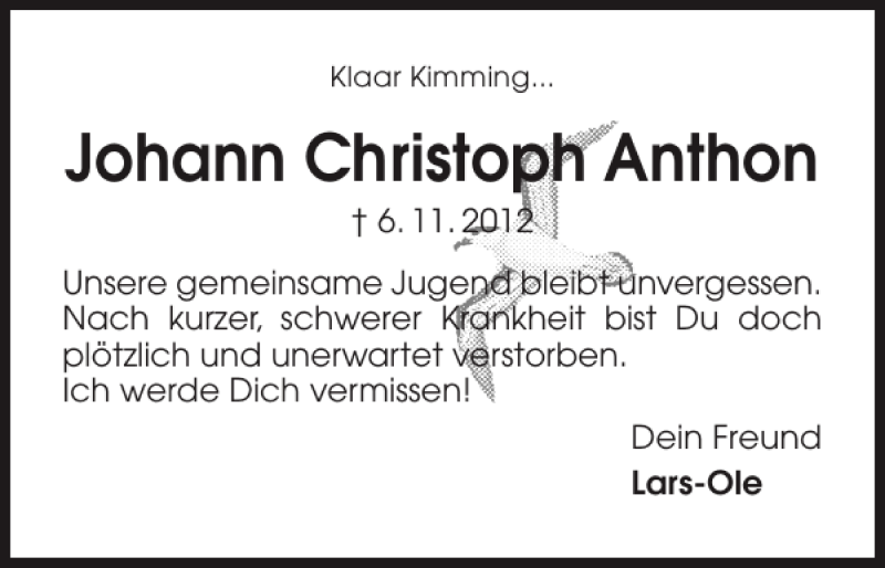  Traueranzeige für Johann Christoph Anthon vom 21.11.2012 aus Flensburger Tageblatt