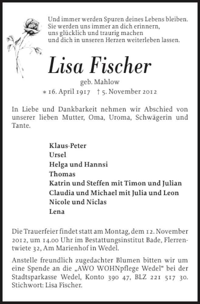  Traueranzeige für Lisa Fischer vom 09.11.2012 aus Pinneberger Tageblatt