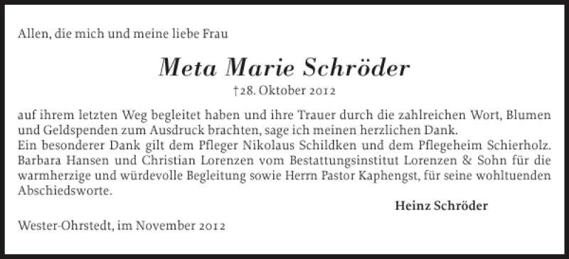  Traueranzeige für Meta Marie Schröder vom 28.11.2012 aus Husumer Nachrichten