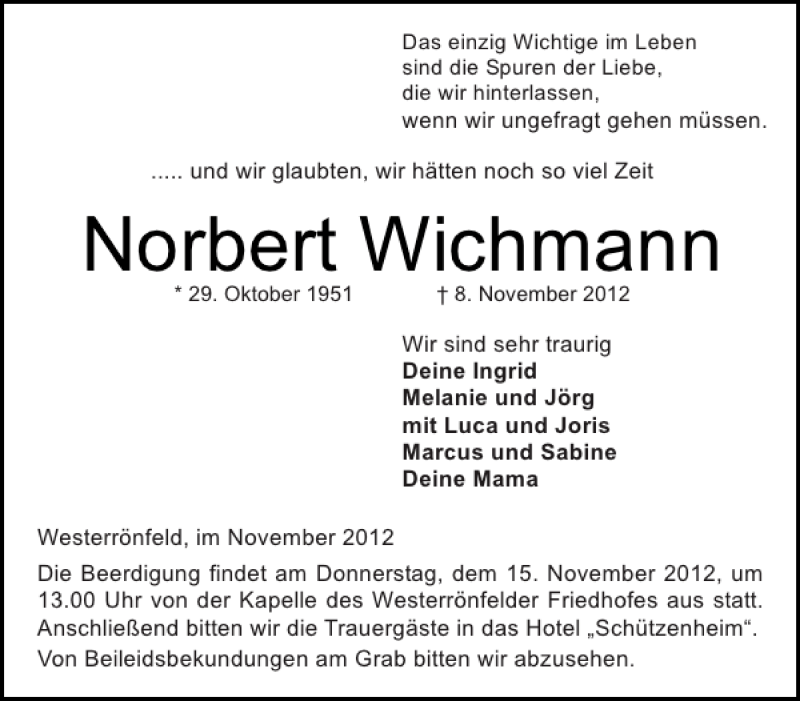  Traueranzeige für Norbert Wichmann vom 12.11.2012 aus Landeszeitung