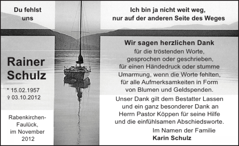  Traueranzeige für Rainer Schulz vom 17.11.2012 aus Schlei-Bote