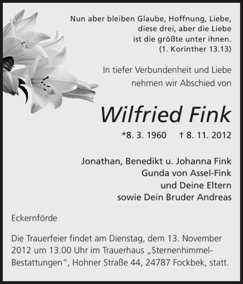  Traueranzeige für Wilfried Fink vom 10.11.2012 aus Eckernförder Zeitung