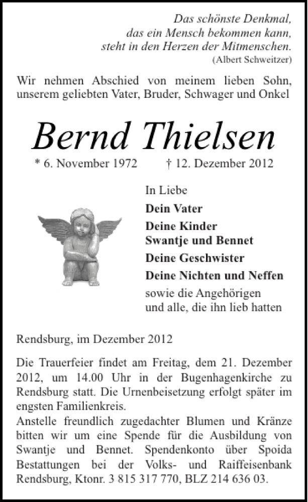  Traueranzeige für Bernd Thielsen vom 19.12.2012 aus Landeszeitung