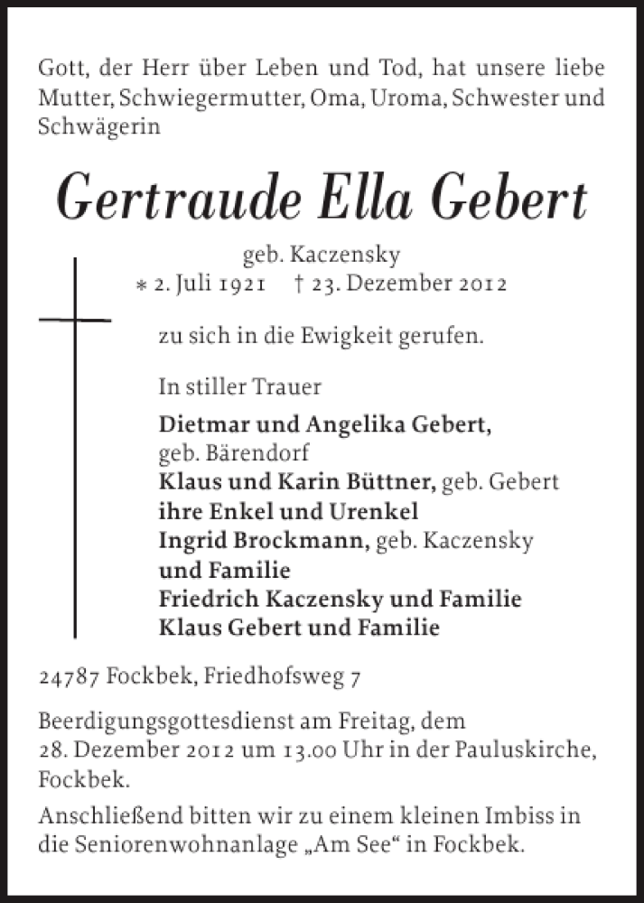  Traueranzeige für Gertraude Ella Gebert vom 27.12.2012 aus Landeszeitung