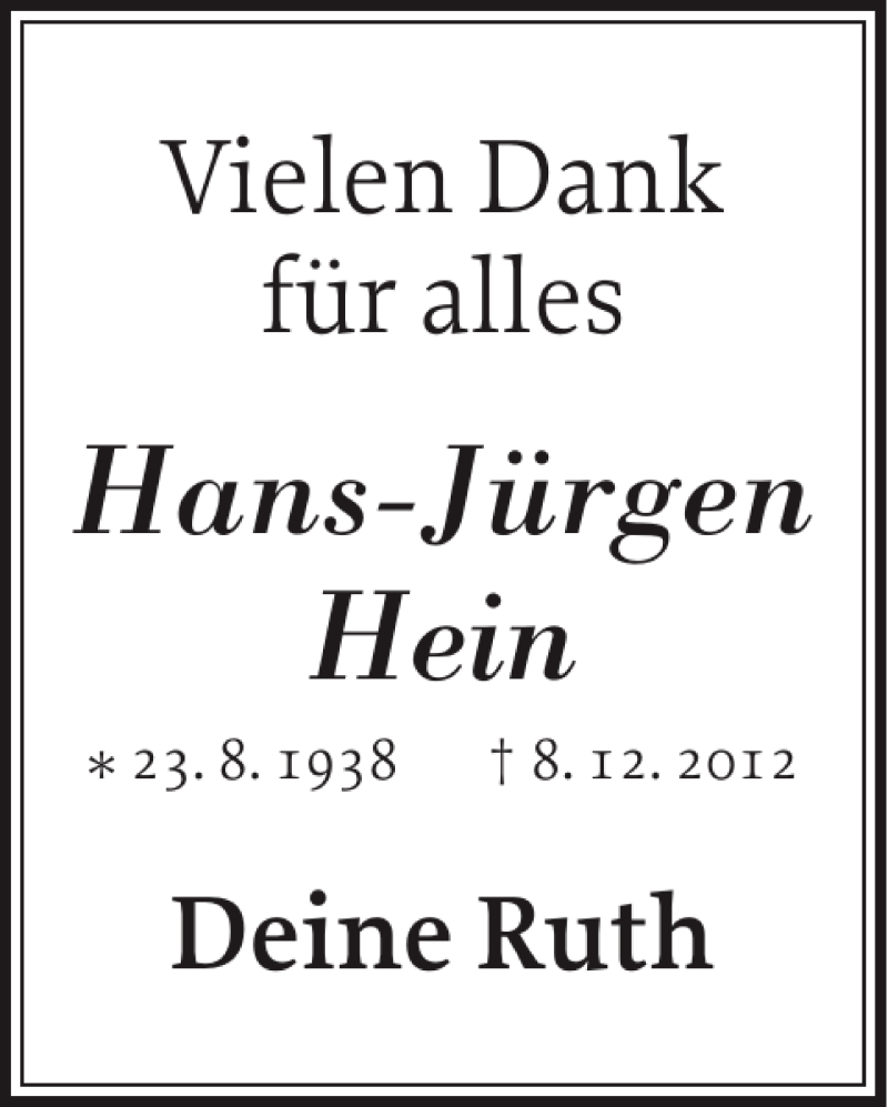  Traueranzeige für Hans-Jürgen Hein vom 15.12.2012 aus Eckernförder Zeitung