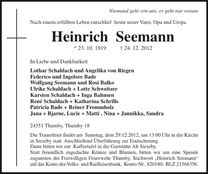  Traueranzeige für Heinrich Seemann vom 28.12.2012 aus Eckernförder Zeitung