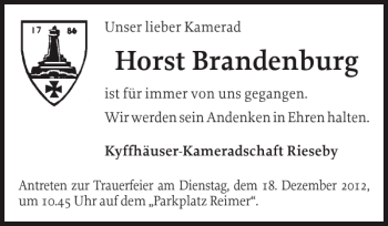 Traueranzeige von Horst Brandenburg von Eckernförder Zeitung